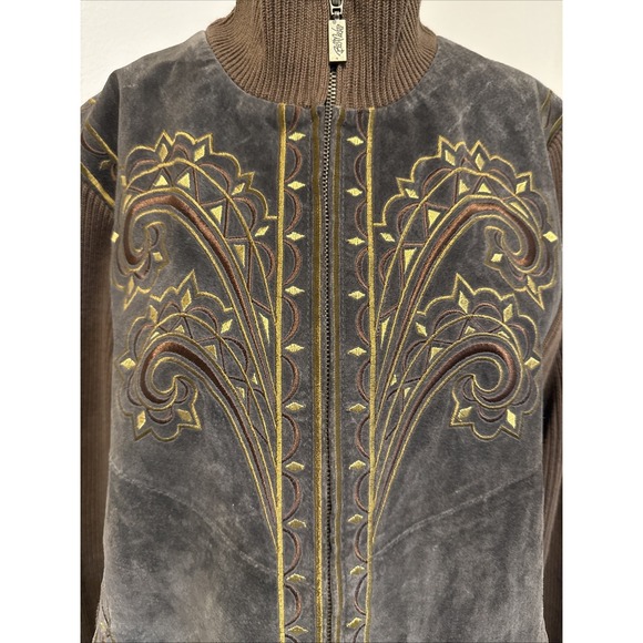 Bob Mackie Jackets & Blazers - Bob Mackie Jacket Wearable Art Lrg Brown Leather/Knit Western Embroidered Zip